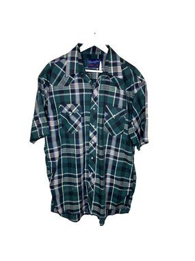 Vintage Wrangler Green Plaid Western Rockabilly Shirt, Pearl Snaps X-Long, 17
